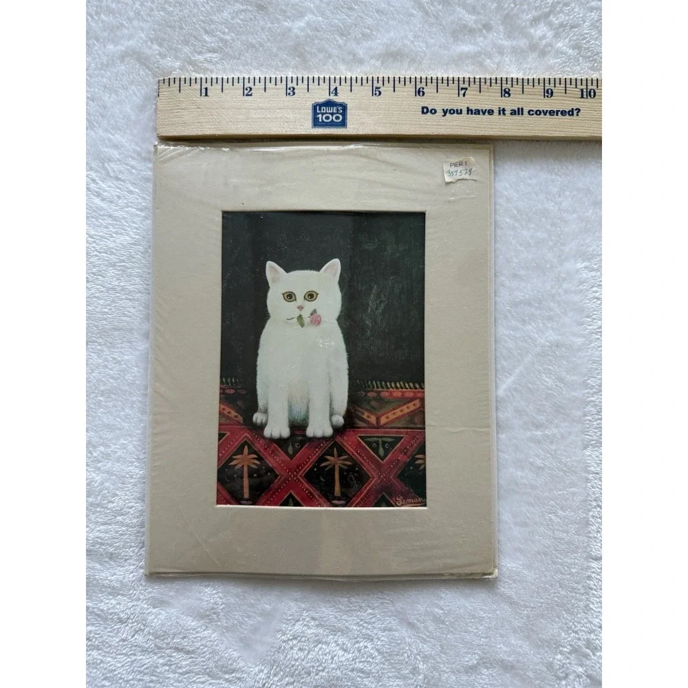 Vintage Folk Art Tile Trivet MCM Decor Martin Leman‎ White Cat Rosebud Unopened